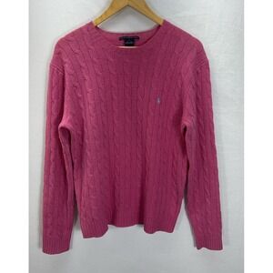 Ralph Lauren Sport Sweater‎ Women's L Cable Knit 100% Lambswool Pink Pony Logo